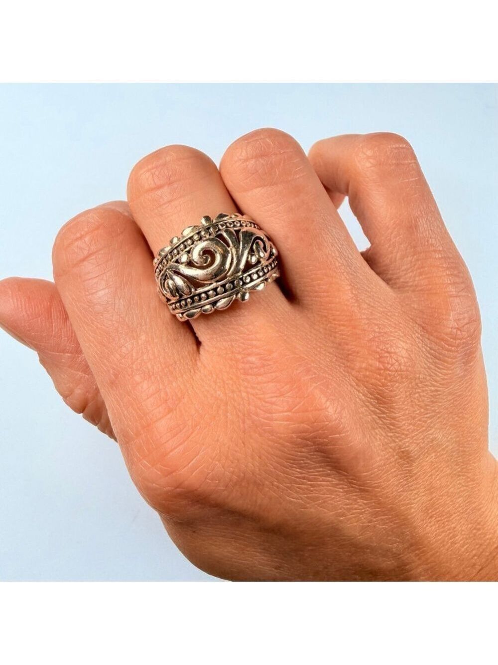 Dome Ornate Scroll & Filigree Dotted 925 Sterling Silver 16.5mm Vintage Ring - Picture 2 of 10